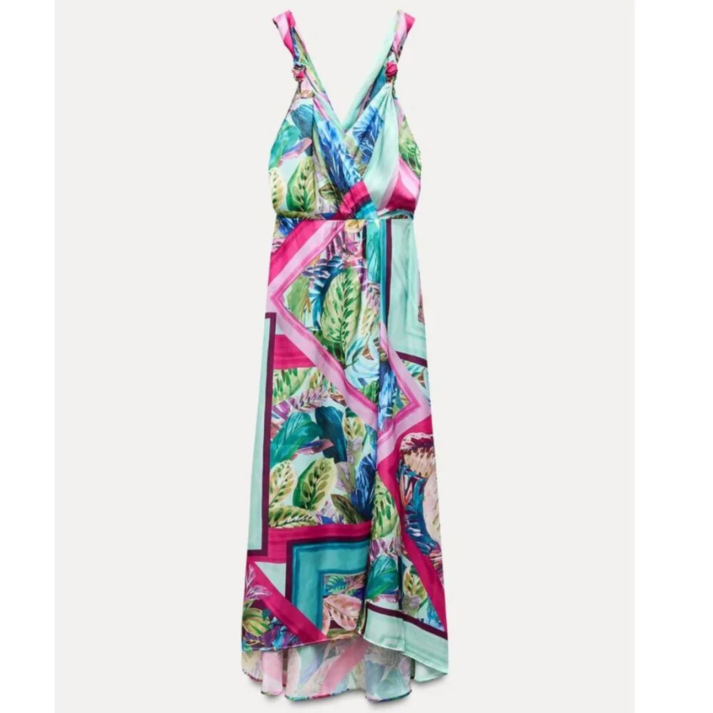 Zara Satin Effect Tropical Scarf Print Midi Dress